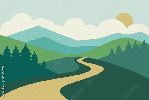 Morning Scene With Hills And A Foggy Winding Trail