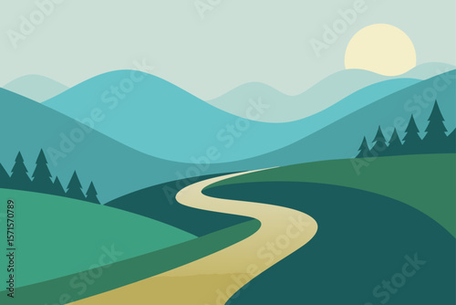 Morning Scene With Hills And A Foggy Winding Trail