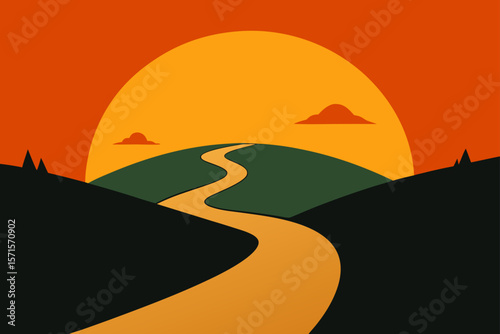Vector Sunrise With Silhouettes Of Hills And Winding Road