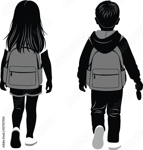 Back to school kids with backpacks silhouette vector illustration for education and childhood concept design