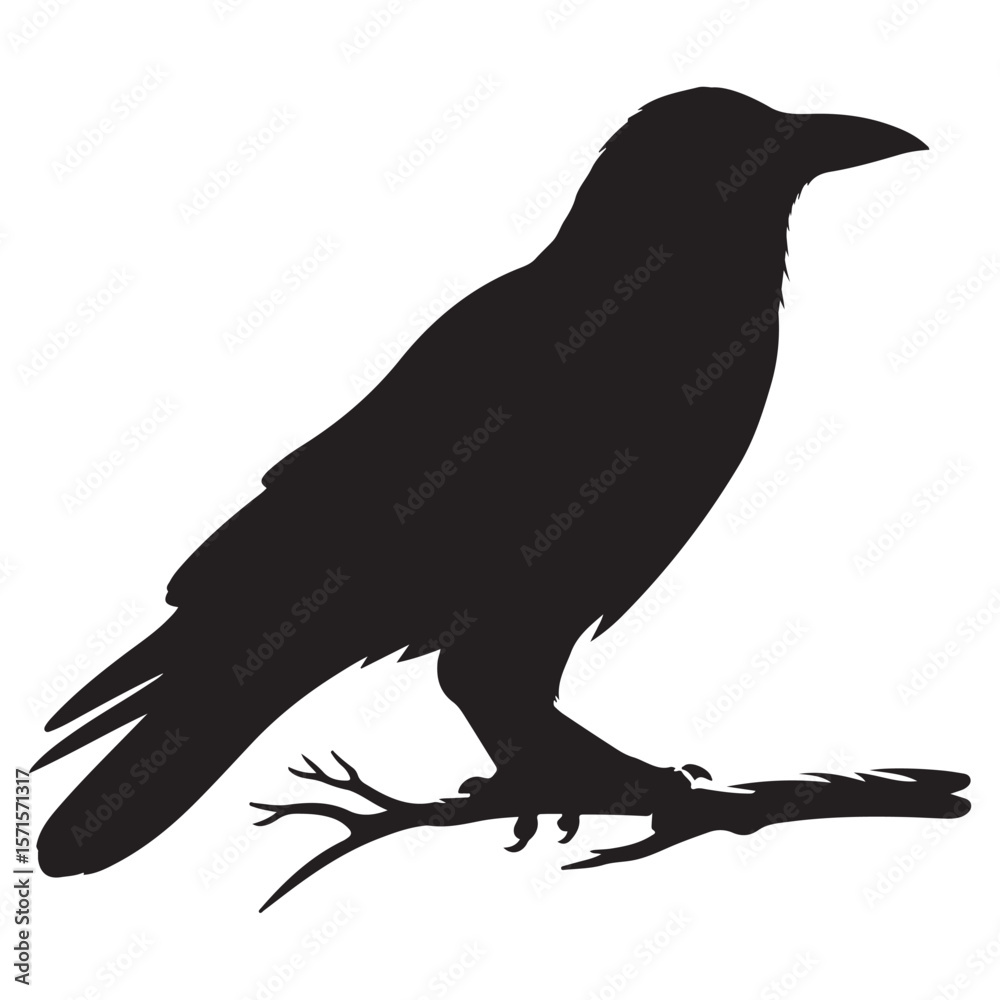 Fototapeta premium Crow sitting on dry tree branch silhouette isolated on white background. Icon vector illustration design.