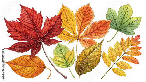 Autumn leaves vector illustration of fall foliage in red yellow and green for seasonal designs and backgrounds