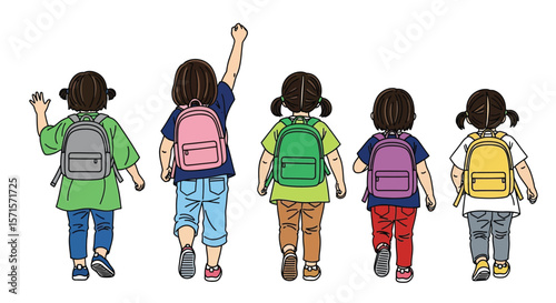 Back to school kids illustration, children with backpacks walking to school, education concept art design