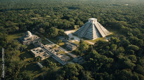 dynamic aerial drone view soaring over the entire complex of Chichen Itza, showcasing the main pyramid, the observatory, and the surrounding lush jungle, emphasizing