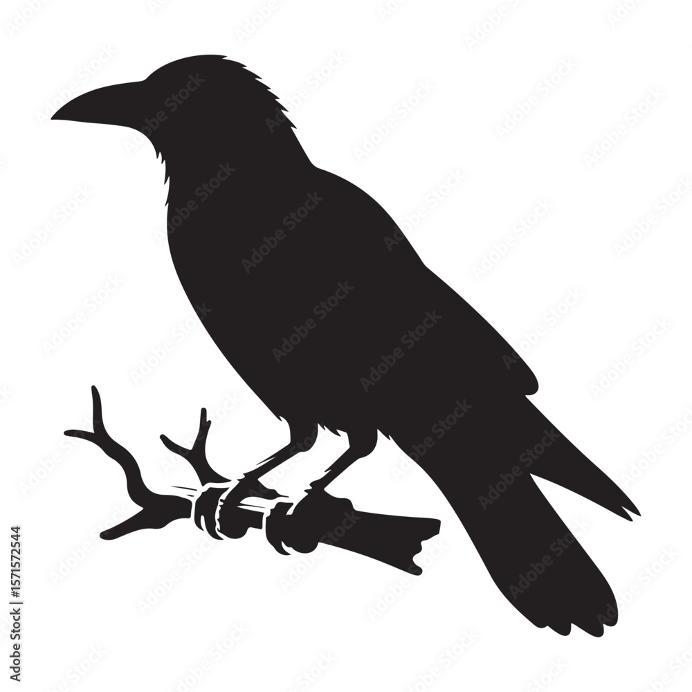 Fototapeta premium Crow sitting on dry tree branch silhouette isolated on white background. Icon vector illustration design.