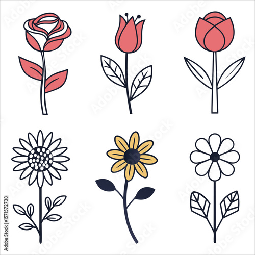 Vibrant floral vector set with seamless rose and tulip patterns, icon design.