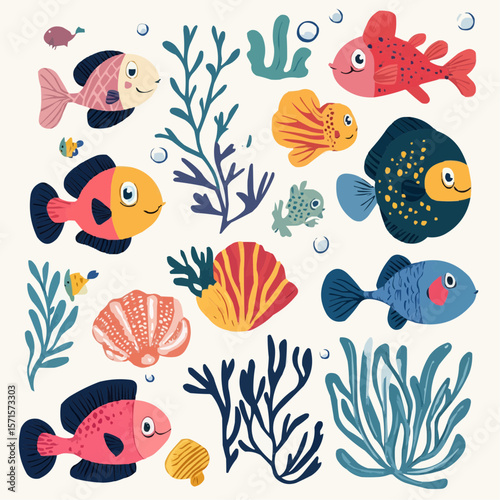 Cute flat underwater animals and plants set for nursery, packaging, greeting cards, wrapping paper, celebration, playful and child-friendly design