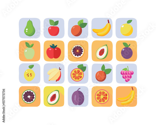 A vibrant collection of fruit icons featuring a diverse assortment of colorful and stylized fruits perfect for designs related to healthy eating nutrition or food