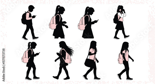 Silhouette students walking with backpacks and phones vector illustration stock image school education