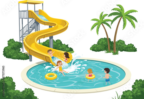 Children enjoying water park fun, sliding down yellow slide into refreshing pool, lush greenery, outdoor summer activity, family vacation, sunny day delight