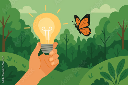 Hand Holding Glowing Light Bulb in Green Forest with Monarch Butterfly, Renewable Energy, Sustainable Development, Earth Day, Ecology, Environmental Conservation, Nature Inspiration