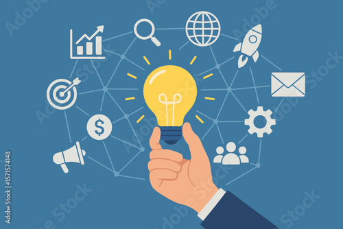 Business Innovation and Digital Marketing Concept. Hand Holding Light Bulb. Technology Network, Startup, Growth, Target, Finance, Communication, Teamwork, Flat Vector Illustration
