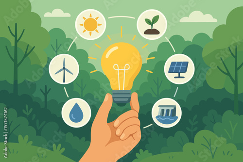 Renewable Energy Sources Concept. Hand Holding Light Bulb in Green Forest. Solar, Wind, Hydro, Water, Plant, Sustainability, Ecology, Environmental Protection, Clean Power, Nature Conservation
