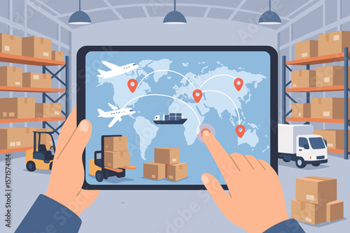 Hands holding tablet with global logistics network app in distribution warehouse. Intelligent innovation technology for shipping, import export transportation. Smart supply chain.
