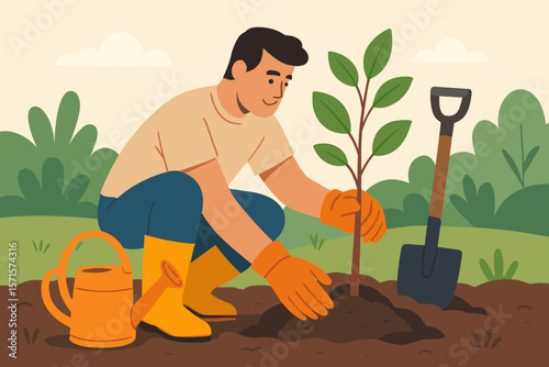 Man Planting Young Tree in Garden, Gardening Concept, Spring Outdoor Activity, Environmental Conservation, Flat Vector Illustration, Watering Can, Shovel, Gloves, Boots, Nature, Greenery