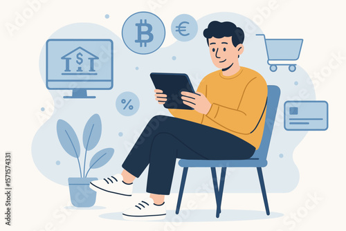 Digital Banking and Online Shopping Concept. Man Using Tablet for Internet Banking, Cryptocurrency, Currency Exchange, E-commerce, Digital Payment, Financial Technology, Modern Vector Illustration