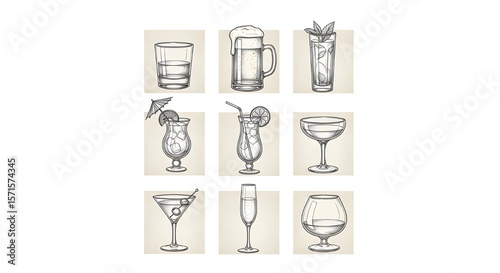Various hand-drawn alcoholic beverage glasses illustration for menu design