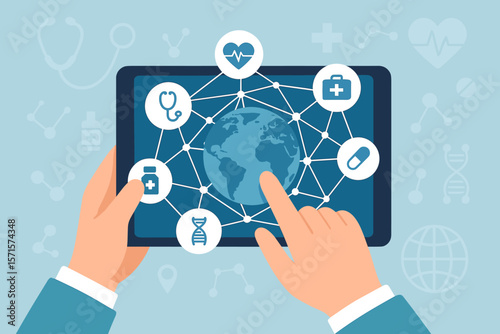 Global Healthcare Network Connection, Digital Medical Technology, Telemedicine, Online Health Services, Tablet Interface, Medical Data Exchange, Modern Vector Illustration