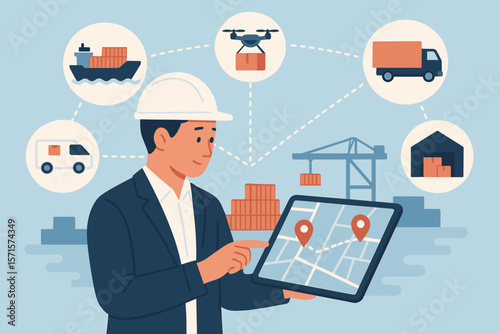 Logistics manager using tablet for smart supply chain management, tracking delivery, cargo distribution, intelligent transportation network, shipping, warehouse, freight, containers