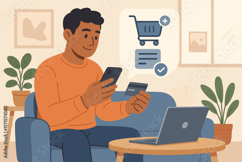 Man Shopping Online with Smartphone and Credit Card at Home, Digital Payment, E-Commerce, Banking, Technology, Modern Flat Vector Illustration, Living Room, Secure Transaction