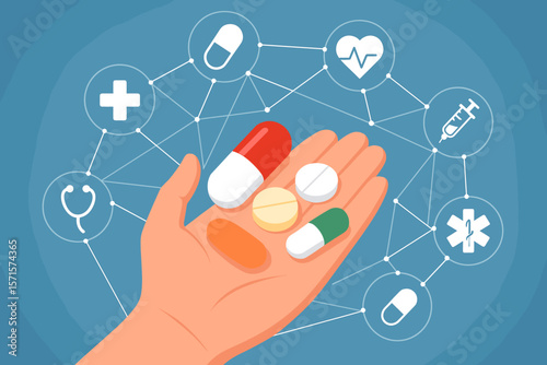 Hand Holding Assorted Pills and Tablets with Medical Network Icons, Healthcare Technology, Pharmacy, Medication, Digital Health, Pharmaceutical Industry, Modern Medicine Concept