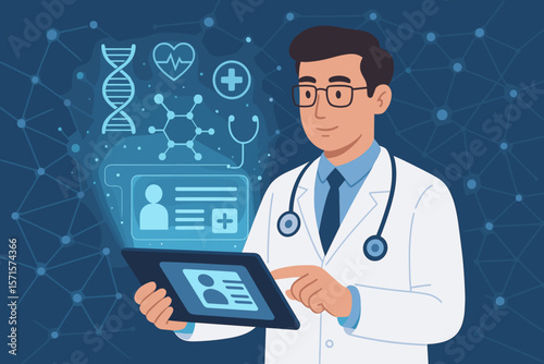 Medical doctor using digital tablet with electronic health records, DNA, molecular structure, virtual healthcare network, futuristic technology, telemedicine, data interface