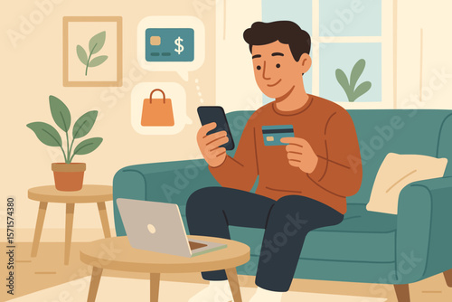 Man Shopping Online with Smartphone and Credit Card at Home, Digital Payment, E-Commerce, Internet Banking, Modern Technology, Cozy Living Room, Flat Vector Illustration