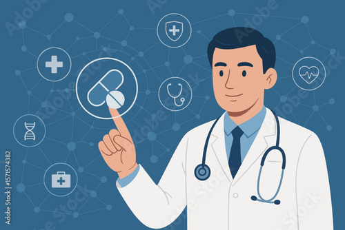 Doctor with stethoscope interacting with digital healthcare interface, medical treatment icons, telemedicine technology, online health network, virtual medicine, healthcare innovation