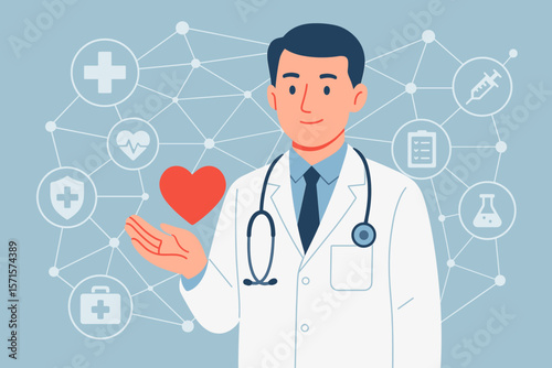 Medical Doctor Holding Red Heart, Healthcare Network Icons, Stethoscope, Modern Medical Technology, Virtual Interface, Health Care Concept, Flat Vector Illustration