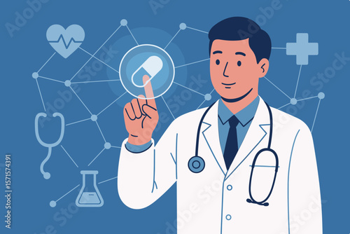 Medical doctor with stethoscope interacting with digital virtual interface, healthcare network, online medicine, telemedicine technology, digital health treatment innovation
