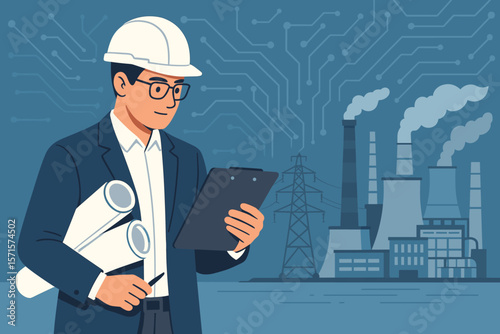 Industrial engineer with blueprints analyzing power plant project data, network technology, digital energy management, electrical engineering, factory, innovation, industry