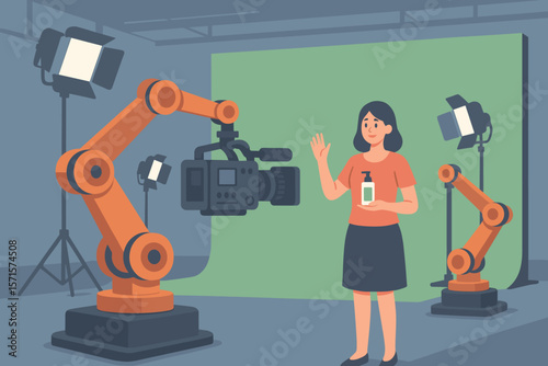 Robotic Arms Filming Commercial in Studio, Automated Camera Production, Modern Video Shoot, Industrial Automation, Green Screen, Professional Lighting, Vector Illustration