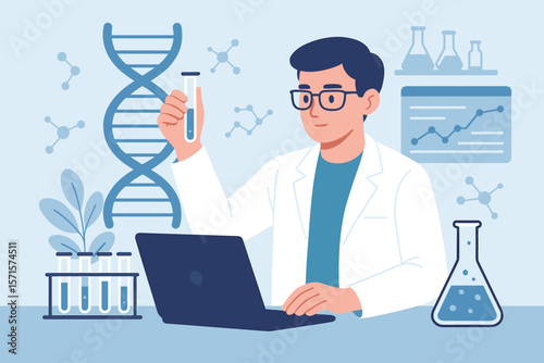 Medical researcher analyzing DNA, genetic data, gene therapy, and disease treatment. Scientist in lab coat with test tube, laptop, and molecular structures. Healthcare innovation.