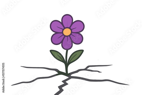 Resilient Purple Flower Blooming Through Cracked Pavement, Urban Survival, Hope, Perseverance, Nature Overcoming Adversity, Modern Flat Vector Illustration