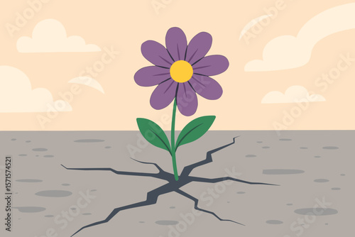 Resilient Purple Flower Breaking Through Cracked Concrete, Symbol of Hope, New Life, Perseverance, Urban Nature, Flat Vector Illustration