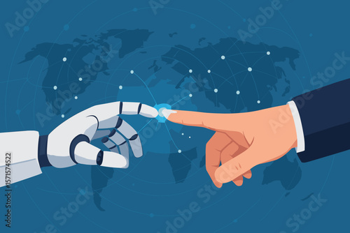 Human and Robot Hand Touching, Artificial Intelligence Connection, Global Network, Technology Collaboration, Digital Transformation, Future Innovation, Vector Illustration