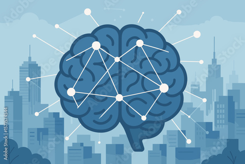 Artificial Intelligence Brain Network, Neural Connections, Smart Communication, Digital Technology, Modern City Skyline, Data Exchange, Urban Innovation, Flat Vector Illustration
