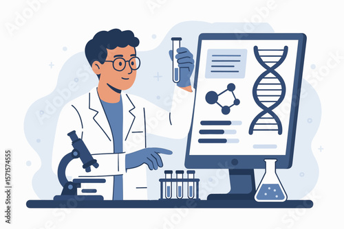 Scientist in Laboratory Analyzing DNA Gene Therapy Data, Genetic Engineering Research, Test Tubes, Microscope, Molecular Structure, Disease Treatment and Prevention Concept