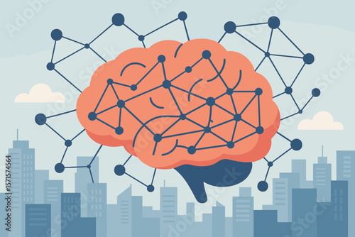 Artificial Intelligence Brain Network, Neural Connections, Smart Communication, Technology Concept, Modern City Skyline, Data Network, Flat Vector Illustration