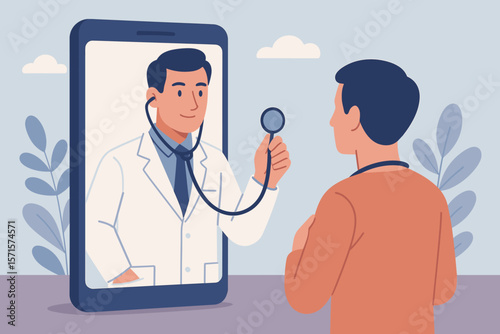 Telemedicine consultation concept. Doctor with stethoscope on smartphone screen examining patient. Online healthcare, virtual hospital, remote medical checkup, digital health service