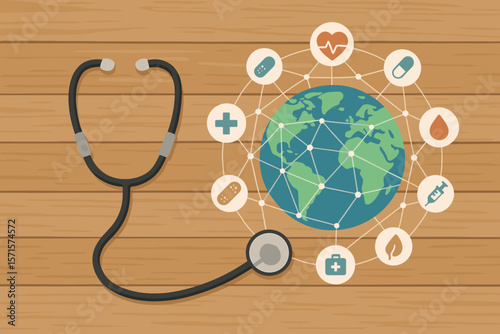 Global Healthcare Network Concept. Stethoscope and Earth Globe with Medical Icons. Modern Flat Vector Illustration. Medicine, Health, Connection, International, Digital, Wooden Background