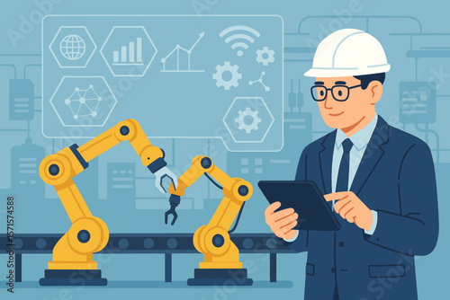 Industrial automation engineer controlling robotic arms with tablet in smart factory. Technology management, manufacturing process, digital interface, industry 4.0 concept