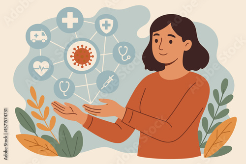 Woman Presenting Virtual Medical Network Icons, Covid-19 Pandemic Awareness, Healthcare Protection, Hospital Growth, Vaccination, Medical Support, Health Monitoring, Emergency Response