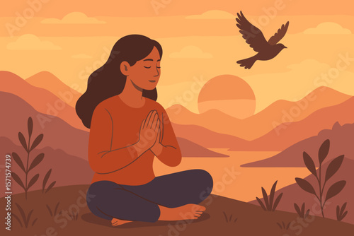 Serene Woman Meditating and Praying Outdoors, Bird Flying, Mountain Sunset, Mindfulness, Spirituality, Hope, Faith, Nature, Peaceful Landscape, Flat Vector Illustration