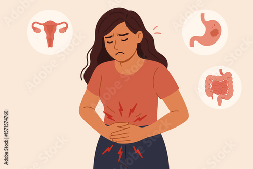 Woman Holding Stomach in Pain, Suffering from Abdominal Cramps, Menstrual Period, Gastric Ulcer, Appendicitis, Digestive System Disease, Healthcare Concept Illustration