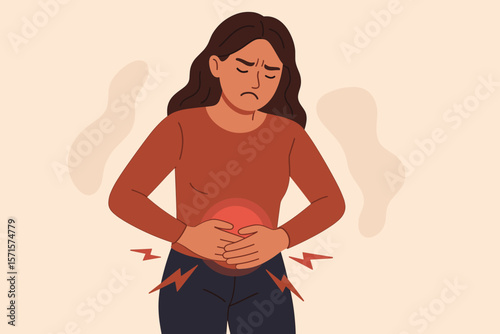Woman suffering abdominal pain, stomach ache from menstruation, period cramps, gastric ulcer, appendicitis, or gastrointestinal disease. Healthcare