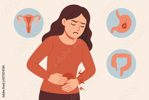 Woman Experiencing Abdominal Pain, Stomachache, Menstrual Cramps, Gastric Ulcer, Appendicitis, Gastrointestinal Disease Symptoms, Healthcare Concept, Female Digestive System Illustration