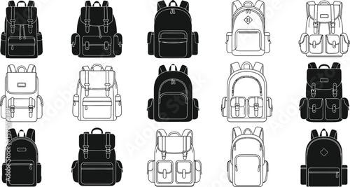 Backpack vector illustration set, school backpacks, travel bags, rucksack, knapsack, luggage, hiking bag