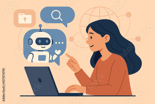 Woman interacting with AI chatbot on laptop for secure online data access, digital assistant, global network connection, search, artificial intelligence customer service concept