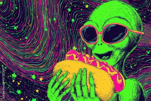 Smiling alien enjoying a colorful hot dog